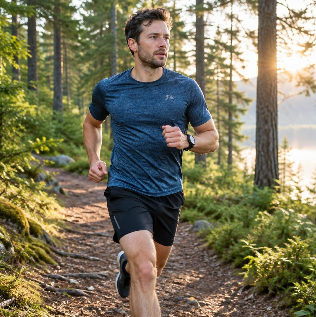 Runner on a forest trail in morning light