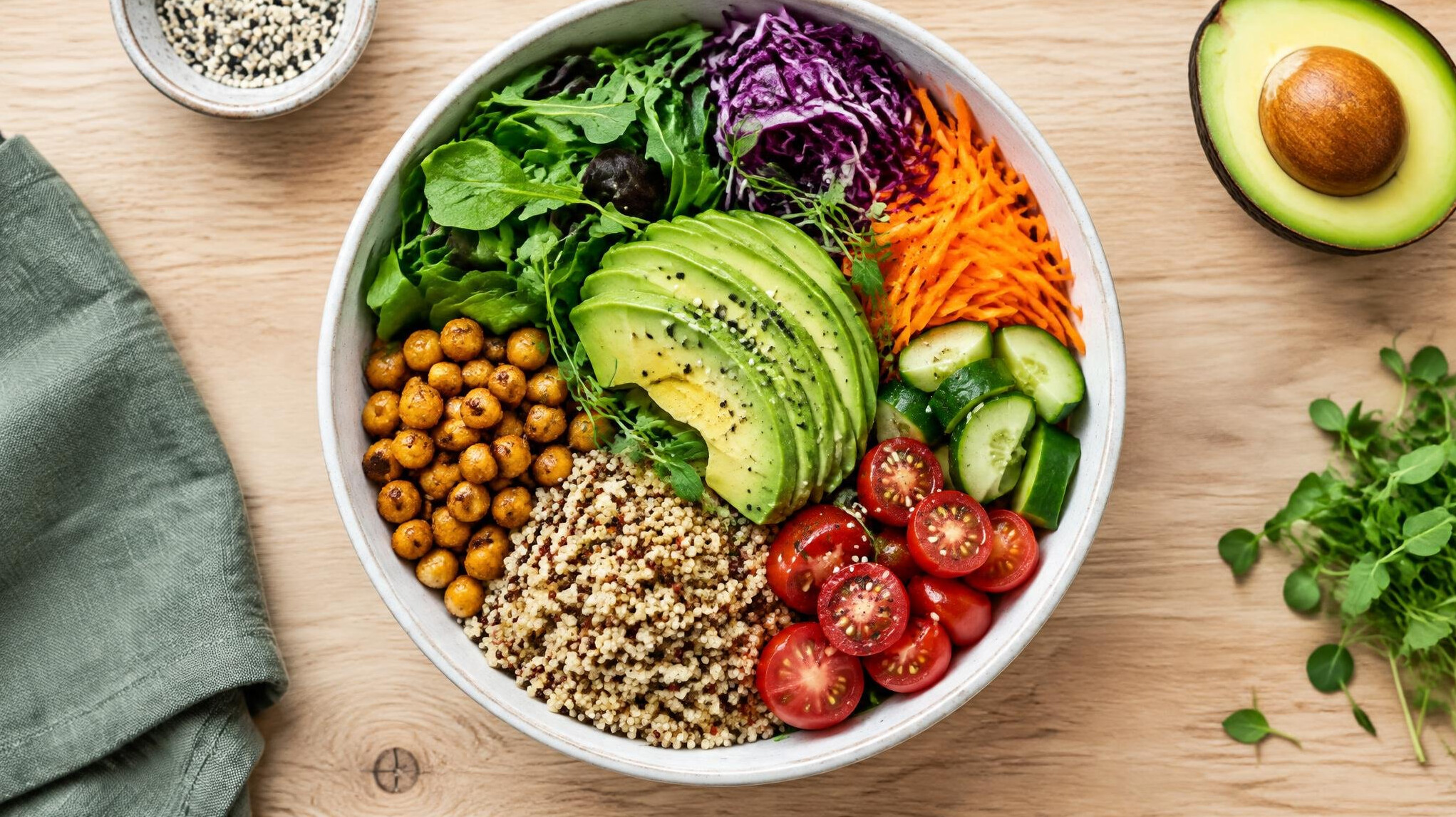 Colourful healthy meal in a bowl on a wooden table