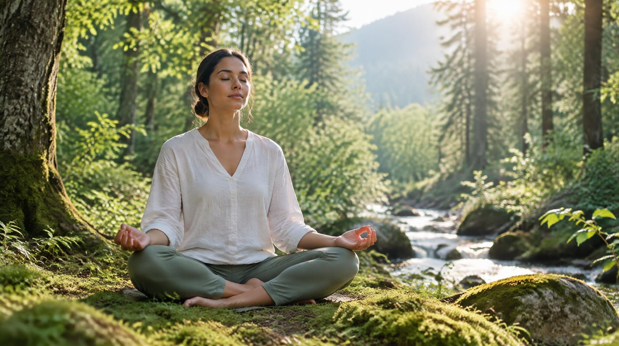 person meditating in forest