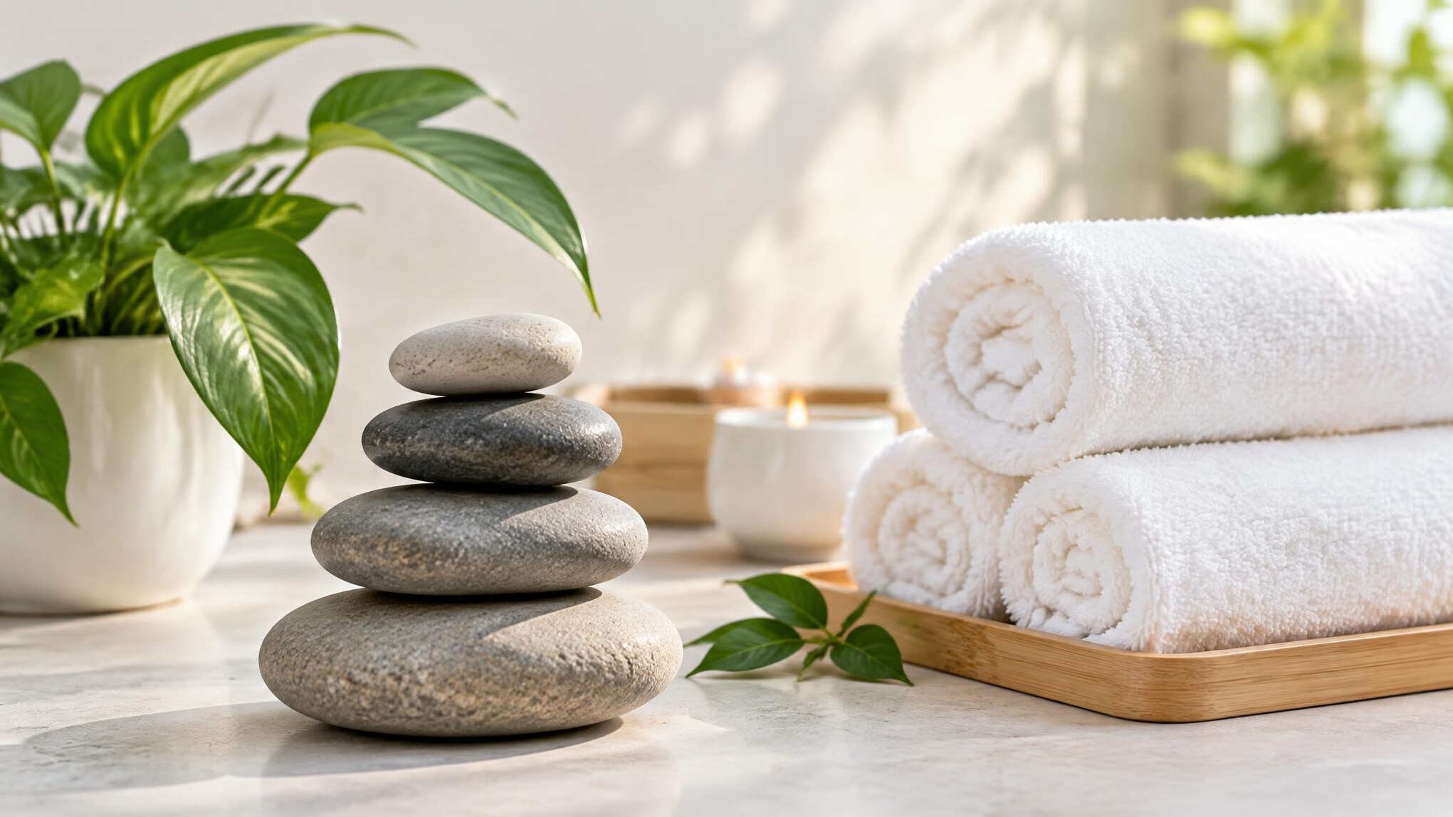 Calm wellness setting with stones and towels