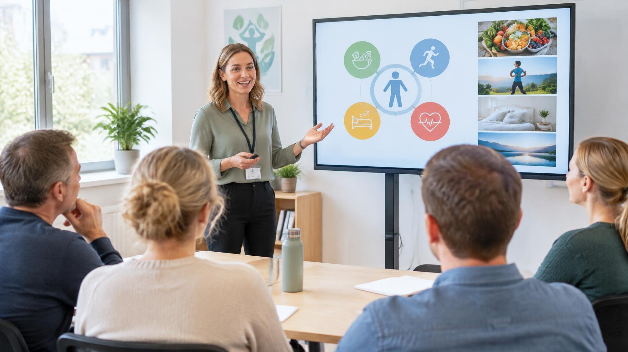 Health course instructor explaining a wellness plan to a small group